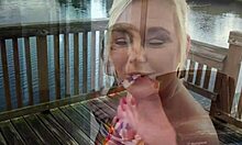 blonde milf flashes shaved pussy and pierced nipples outdoors