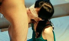 Slim Cute Wife in Green Lingerie Blows Younger BF to Cumshot