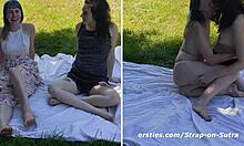 peach and daisy grind strap-ons in hairy lesbian scissoring outdoors