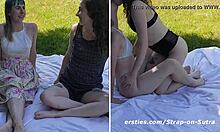 peach and daisy grind strap-ons in hairy lesbian scissoring outdoors