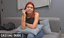 petite big ass latina model in lingerie squirms on couch during intense homemade casting drill