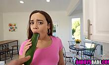 Stepdaughter sucks cucumber then blows stepdad's cock.