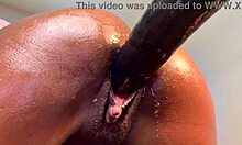 beautiful ebony babe battles sex machine close-up