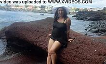 Curvy beach lady strips sexy flashes big pussy in photoshoot