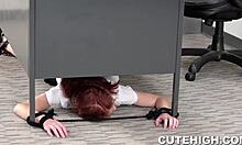 Cute redhead student tempts teacher into secret bending over