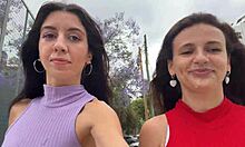 Two skinny neighbors beg for face cum then flash outdoors