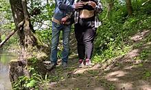 chubby mother-in-law bends over huge ass in public park flashing natural tits