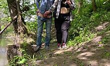 chubby mother-in-law bends over huge ass in public park flashing natural tits