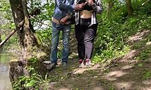 chubby mother-in-law bends over huge ass in public park flashing natural tits