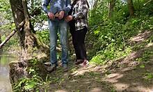 chubby mother-in-law bends over huge ass in public park flashing natural tits