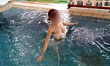 ASIAN COLLEGE CUTIE WORKS OUT LEGS AND FEET BY POOL IN TINY BIKINI!