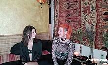 Ersties hot lesbian couple plays BDSM with handcuffs hair pulling and strapon doggystyle