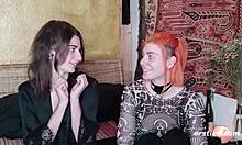 Ersties hot lesbian couple plays BDSM with handcuffs hair pulling and strapon doggystyle