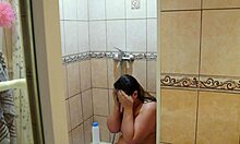 chubby milf's wet shaved pussy and big ass shine in steamy shower