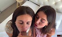 hey girls lick each other's wet pussies then ride guy for creampie kisses