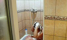 chubby milf's wet shaved pussy and big ass shine in steamy shower