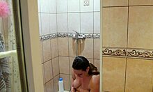 chubby milf's wet shaved pussy and big ass shine in steamy shower