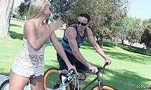 he spots the blonde with big saggy natural tits and fat ass then picks her up for a rough pounding till she squirts hard