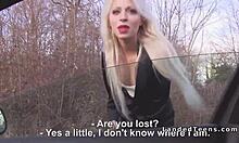 Blonde Hitchhiker With Red Lips Enjoys Cock Sucking In Car