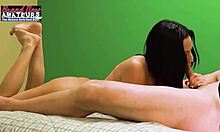 brunette carmen sticks tongue out as he finishes on her face