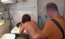 Mature Hungarian housewife in lingerie takes repairman's cock bent over washing machine