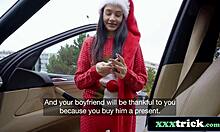 christmas santa babe with tattoos sucks monster cock pov then fucks doggystyle outdoors