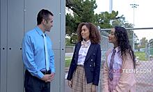 green teen 18+ gets into dirty interracial threesome scenes with teacher uniform miniskirt moaning orgasms ffm style