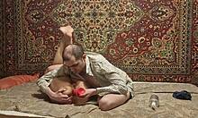 man teases girl's tight anal open with huge dildo slowly