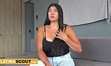 hey that shy latina with huge tits starts nervous but ends up sloppy deepthroating cock in this casting