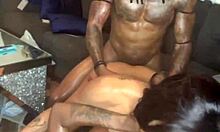 Freaky ebony whore takes double penetration rough with sloppy deepthroat