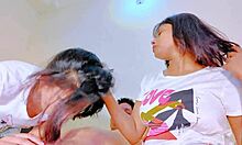 amateur stepsisters suck big tits in wild threesome quickie