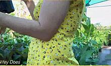 blonde wifey flashes big tits braless in cute summer dress outdoors exhibitionist