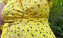 blonde wifey flashes big tits braless in cute summer dress outdoors exhibitionist
