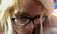 hooker in glasses, kneel and suck this old man's cock for cash then swallow cum in public