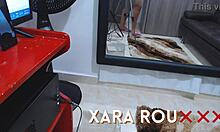 curvy latina bends over mirror riding dildo doggystyle on hairy pussy