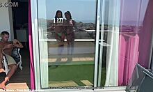 trans duo blows hard cocks in rooftop foursome ending double facials