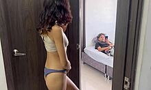 little stepsis sneaks in catches him jerking to her pics then rides