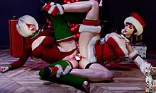 Tight bald pussy eve and 2b share double dildo anal fucking in squirting christmas slut surprise