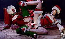 Tight bald pussy eve and 2b share double dildo anal fucking in squirting christmas slut surprise