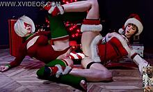 Tight bald pussy eve and 2b share double dildo anal fucking in squirting christmas slut surprise