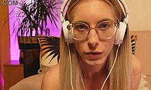 skinny tall blonde with glasses braces teases your gaze