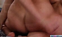 flexible teen licks busty milf's pussy then scissor hard together