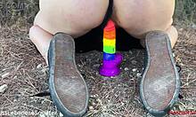 Lebanese babe rubs pussy outdoors rides colorful dildo