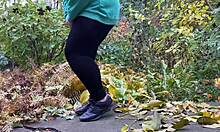 standing doggystyle peeing by hot mature bbw cougar in leggings reveals her huge wet pussy!