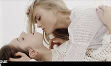 Nancy A and Sabrisse share sensual lesbian kisses and erotic girl-on-girl orgasms.