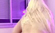 curvy latina blonde pornstar in lingerie slaps huge tits while huge dildo stretches wet pussy solo masturbation