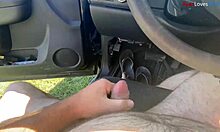 barefoot cutie teases feet while stroking cock outdoors this fall