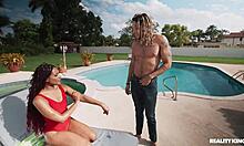 oiled poolside sunbather bends over for deepthroat doggystyle and face sitting licks