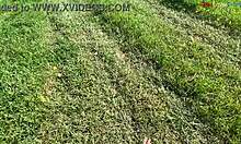 barefoot cutie teases feet while stroking cock outdoors this fall