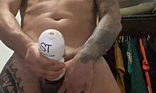 Tattooed girl stands for slow-motion cumshot exposing pierced nipples